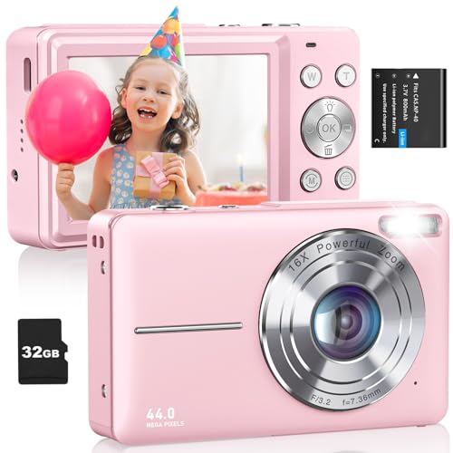 Digital Camera, FHD 1080P Kids Camera, 44MP Point and Shoot Digital Cameras with 32GB Card, 16X Digital Zoom, Anti Shake, Compact Small Cameras for Boys Girls Teens Students, Black