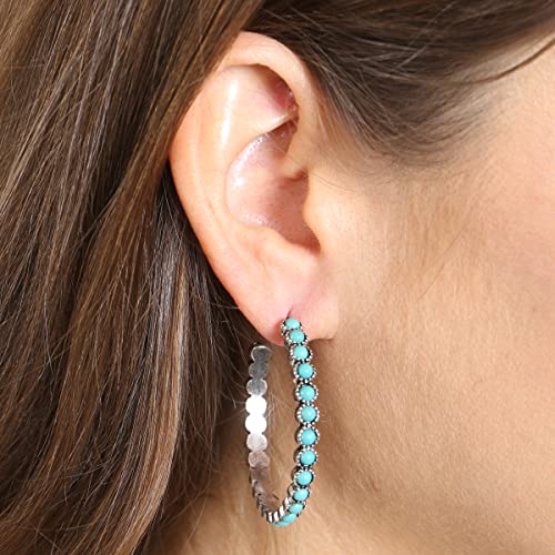 Natural Stone Beads Statement Earrings - Cutout Teardrop Open Pear Shape Beaded Drop Dangles, Round Hoops (Western Concho Earrings - Boho Teardrop Silver Burnish Turquoise)
