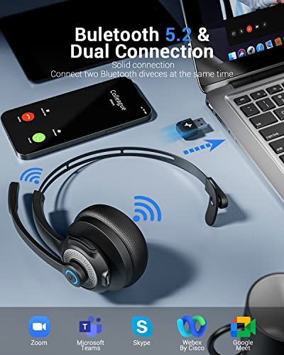 JIAMQISHI Wireless Headset with Microphone - Bluetooth V5.2 Headphones with USB Dongle & Mic Mute for PC/Computer/Laptop/Call Center/Zoom/Online Class/Trucker - Bluetooth Headset, Black, EH06U
