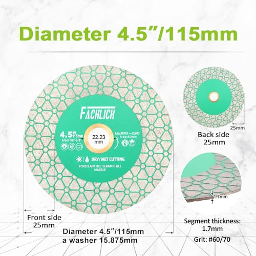 FACHLICH Diamond Tile Saw Blade 4-1/2" 115mm Cut Off Wheel for Cutting and Grinding Porcelain Ceramic Tile Marble Artificial Stone