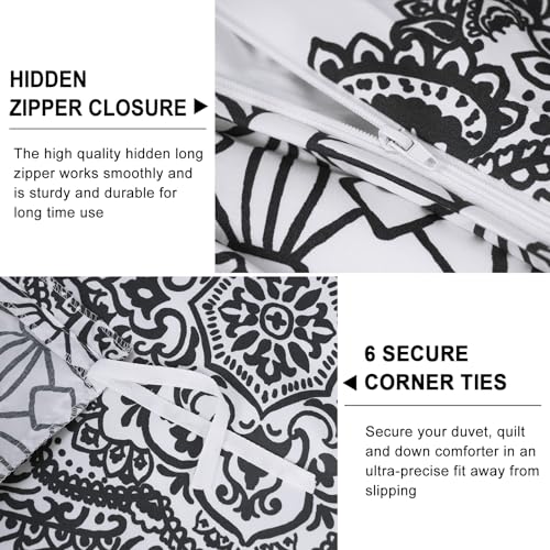 PHF Ultra Soft Boho Duvet Cover Twin Size, Printed Bedding Set 2 Pieces, Comfy Farmhouse Pattern Duvet Cover Set with 1 Pillow Shams, Zipper Closure and 6 Ties, 68"x90", Black & White