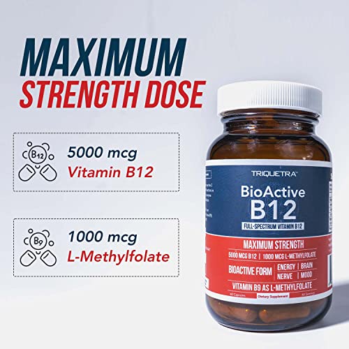 BioActive Vitamin B12 - 5000 mcg, Contains 3 BioActive B12 Forms Plus Methylfolate Cofactor - Methyl B12, Adenosyl B12 & Hydroxy B12 | Supports Energy, Metabolism & Mood | Vegan, Non-GMO (60 Servings)