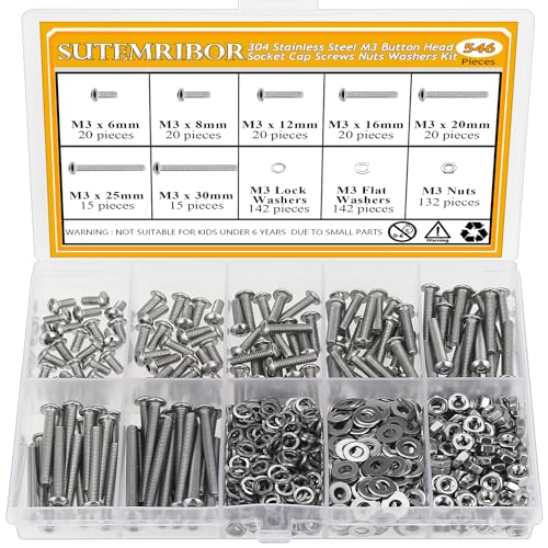 546 Pieces M3 Screws Nuts Washers Set, Sutemribor M3 x 6/8/12/16/20/25/30mm Button Head Socket Cap Screws Nuts Washers Assortment Kit, 304 Stainless Steel, Fully Threaded