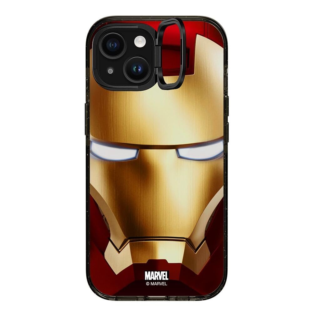 CASETiFY Impact Ring Stand iPhone 15 Case [Iron Man Co-Lab / 3X Military Grade Drop Tested / 6.6ft Drop Protection/Compatible with Magsafe] - Iron Man Hero Mask - Clear Black