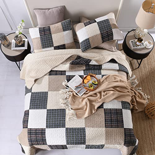 SahSahCasa Queen Size Quilt Set, 100% Cotton Bedding Bedspread, Patchwork Farmhouse Plaid Lightweight Rustic Comforter for All Seasons, Beige