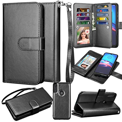 Moto E Case 2020, for Motorola E 2020 Wallet Case, Takfox PU Leather w Credit Card Holder Flip Cover [9 Card Slots] [Magnetic Closure] [Kickstand] Folio Detachable Hard Case & Strap-Black