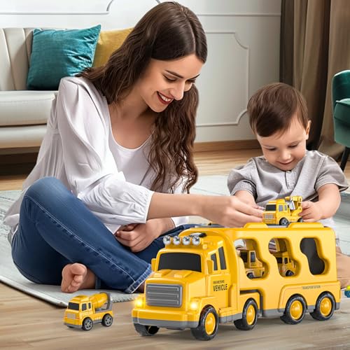 TEMI Construction Truck Boy Toys for 3-5 Year Old Toddlers - Toys for 3 4 5 6 7 Years Old Engineering Transport Vehicle Carrier Truck, Kids Excavator Crane Gift Toys for Boys & Girls Aged 4-6