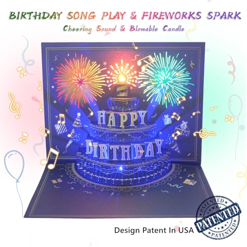 MZD8391 UPGRADED 3D Pop Up Firework Birthday Cards, Musical & LED Lights Birthday Cards with Blowable Birthday Cake, Greeting Cards, Birthday Gifts for Mom Women Men Kids Child Dad Father Wife (Blue)