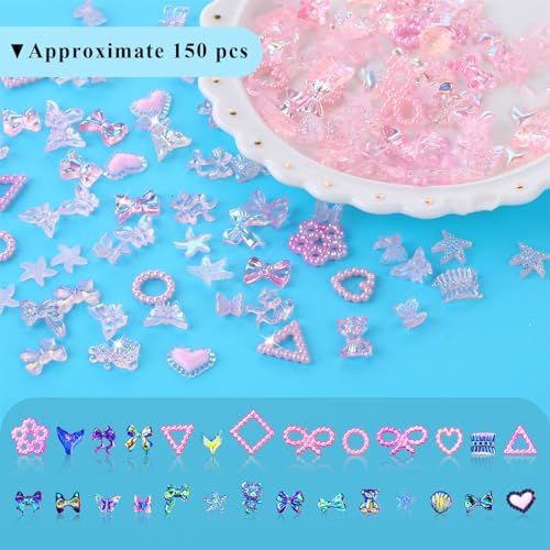 Grevosea 150 Pieces 3D Resin Nail Art Accessories Nail Decoration DIY Crafts Jewelry Accessories Rhinestone Pearl Crystal Gem Nail Pieces Butterfly Rose Bow Star Heart Triangle Animal(White)