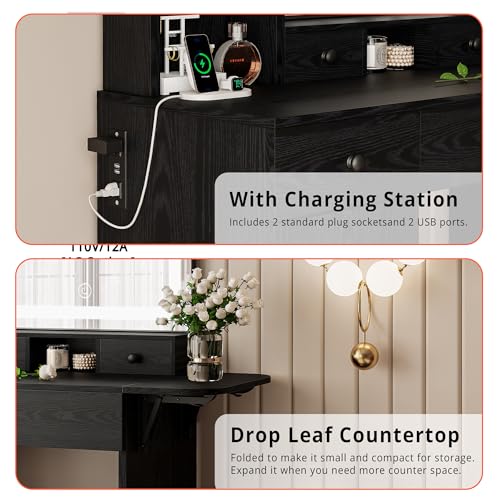 LIKIMIO Vanity Desk with Drawers & LED Lighted Mirror & Power Outlet & Cabinet, Storage Stool, Stylish Bedroom Makeup Table Set, Modern Black