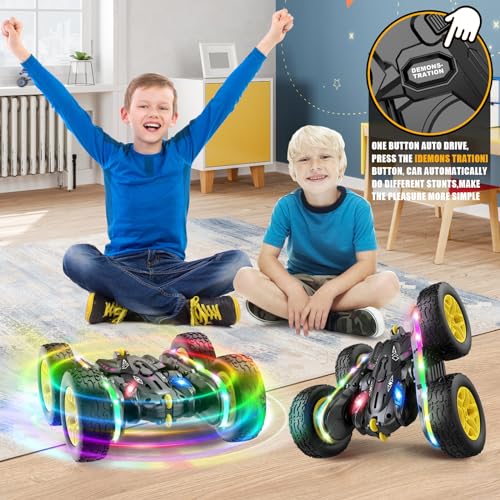 Jimdella Remote Control Car,RC Cars with sides light strip and Headlights,Double Sided 360 Flips Rotating RC Stunt Car,2.4Ghz All Terrain Toys for Ages 4-6 Kids Toy for Boys Girls Birthday Gift(black)