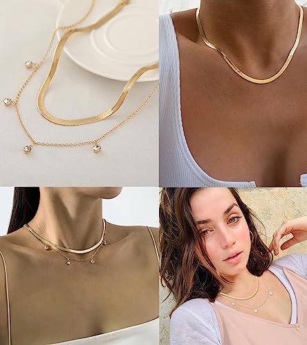 TOSGMY Herringbone Necklace for Women，Dainty Gold Necklace 14K Gold Chain Layered Necklaces Simple Cross Necklace Evil Eye Pearl Cubic Zirconia Pendant Snake Necklaces For Women Jewelry Gift