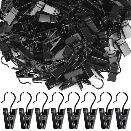 Teenitor 100 Pack Small Curtain Clips Curtain Hooks for Outdoor String Lights, Stainless Steel Clips for Hanging Curtain Hooks for Drapes, Black