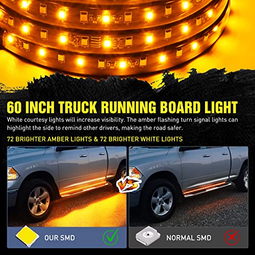 Nilight Truck Running Board Lights 2PCS 60 Inch LED Side Maker White Courtesy Light & Sequential Amber Turn Signal Lighting Strips Kit for Trucks Pickup SUV