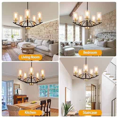 9MMML 5 Lights Glass Chandelier,Wrought Iron Pendant Light Fixtures, Gold+Black Finish Kitchen Island Lighting for Dining&Living Room Foyer Bar