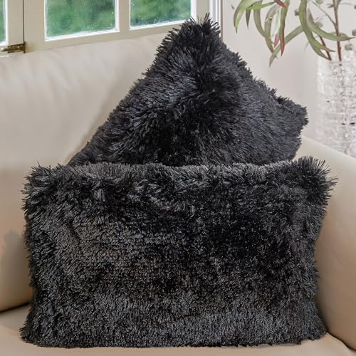 Cheer Collection Throw Pillows for Couch with Inserts Included - Soft Shaggy Long Hair Faux Fur Pillows - Set of 2-20" x 20" - White