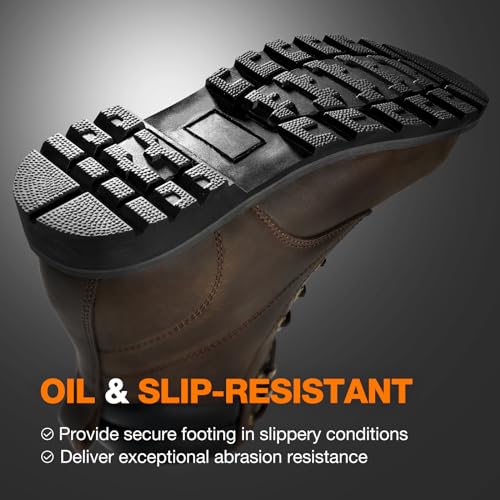 NINGO Steel Toe Work Boots for Men, Comfortable Leather Industrial & Construction Boots, Oil & Water Resistance Anti Slip Safety Boots with EH Protection, for Outdoor Factories Warehouses Farms