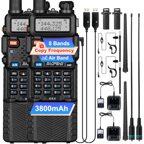 BAOFENG 5RX Ham Radio Handheld, 8-Band Receiving, Air Band, Frequency Copy, 3800mAh Rechargeable Walkie Talkies Two Way Radio with Earpiece,771 Long Range Antanna(Upgraded of UV-5R)-2Pack Full Kit