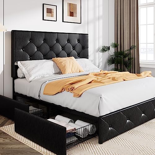 Allewie Upholstered Queen Size Platform Bed Frame with 4 Storage Drawers and Headboard, Diamond Stitched Button Tufted, Mattress Foundation with Wooden Slats Support, No Box Spring Needed, Black Brown