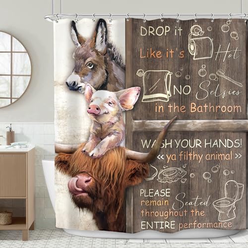 Imirell Funny Bathroom Rules Shower Curtain 60Wx72H Inches Farmhouse Highland Cow Donkey Pig Animal Wooden Board Rustic Wildlife Country Fabric Waterproof Polyester with 12 Pack Hooks Plastic