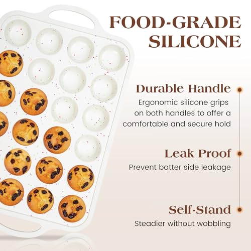 AOTASO Silicone Muffin Pans For Baking Mini Nonstick Cupcake Pan 24 Cups Silicone Cupcake Molds With Metal Reinforced Frame Bpa Free (1 Pc, Cream)