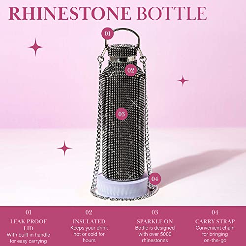 Paris Hilton Diamond Bling Water Bottle With Lid And Removable Carrying Strap, Stainless Steel Vacuum Insulated, Bedazzled With Over 5000 Rhinestones, 25-Ounce, Black