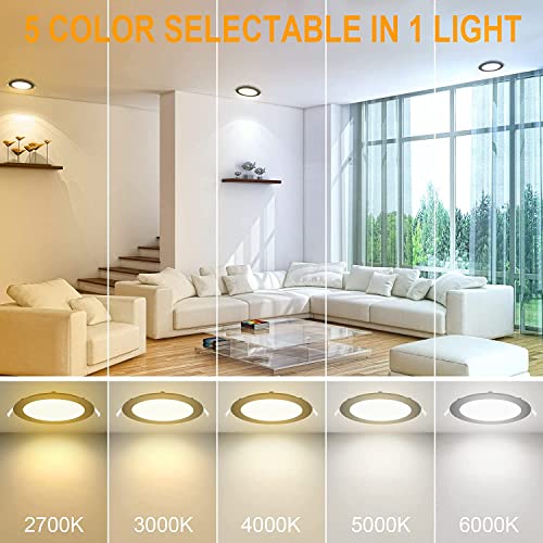 Wosen 12Pack 6 Inch 5CCT Ultra-Thin LED Recessed Ceiling Light with Junction Box, 15W 1200lm Canless Wafer Downlight ETL Energy