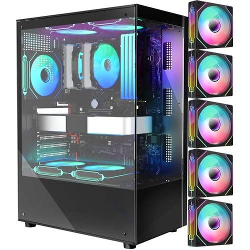 PC CASE M-ATX Gaming PC Cases with 5x120MM RGB fans Preinstalled,matx case,itx case, 270° Full View Tempered Glass Mid Tower,Mid-Tower USB 3.0 with Double Tempered Glass Full View Computer Cases Black