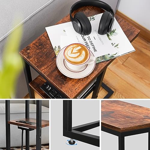 Yoobure C Shaped End Table with Charging Station, Small Side Tables for Living Room, Bedroom, Sofa Table with USB Ports and Outlets for Small Spaces C Couch Table Rustic Snack Table Bed Side Table