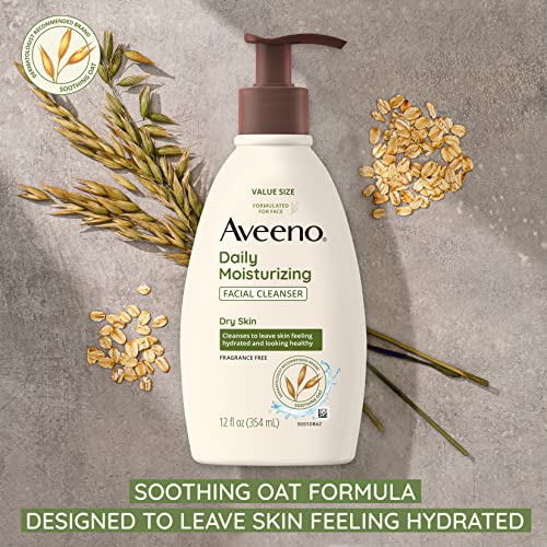 Aveeno Daily Moisturizing Facial Cleanser for Dry Skin, Gentle Face Cleanser with Soothing Oat for Skin that Feels Soft & Supple, Removes Dirt, Oil and Impurities, Fragrance Free, 12 FL OZ