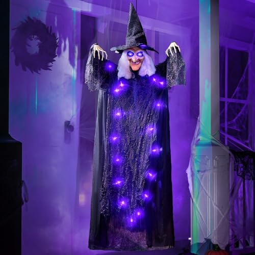 JOYIN 72” Hanging Witch Decor Halloween Decorations Indoor, Talking Halloween Witch on Broom Light Up Witch Decoration Purple Eyes Sound Activation Haunted House Party Supplies Prop Décor Modern