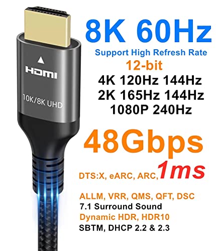 Ubluker 10K 8K 4K HDMI Cable 48Gbps 1.5 FT, Certified Ultra High Speed HDMI® Cable 4K 240Hz 144Hz 120Hz 8K60Hz 0.01ms HDR10+ eARC HDCP2.3 Netflix Roku TV PC Monitor Projector PS5 Xbox