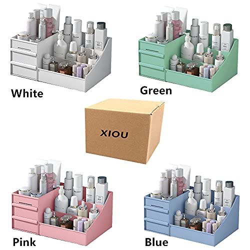 XIOU Makeup Desk Organizer with Drawers - Countertop Organizer for Cosmetics, Vanity Holder for Lipstick, Brushes, Lotions, Eyeshadow, Nail Polish and Jewelry (Blue)