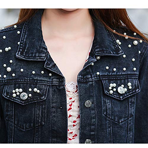 Ainangua Cropped Jean Jacket Women's Pearl Oversized Distressed Short Bridal Embroidered Beading Denim Jacket (Black, XS)