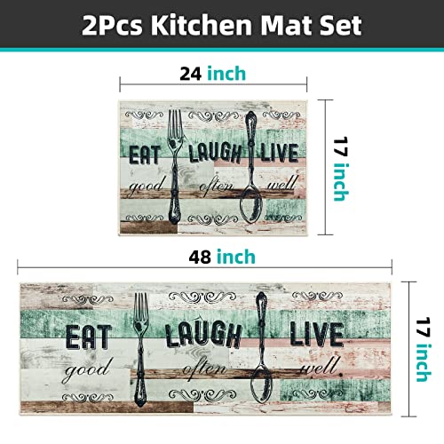 Carvapet Kitchen Mat [2 PCS 17"x48"+17"x24"] Non-Slip Backing Kitchen Rugs and Mats Pattern Printed Farmhouse Decor Washable Kitchen Floor Mat, Aqua Grey