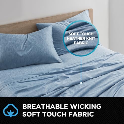 Brookstone Heathered Knit Moisture Wicking Twin Sheet Set | Innovative Breathable Fabric for All-Night Use by Hot Sleepers | 3 Piece Set of Soft Bed Sheet, Fitted Sheet, & Pillowcase | Faded Denim