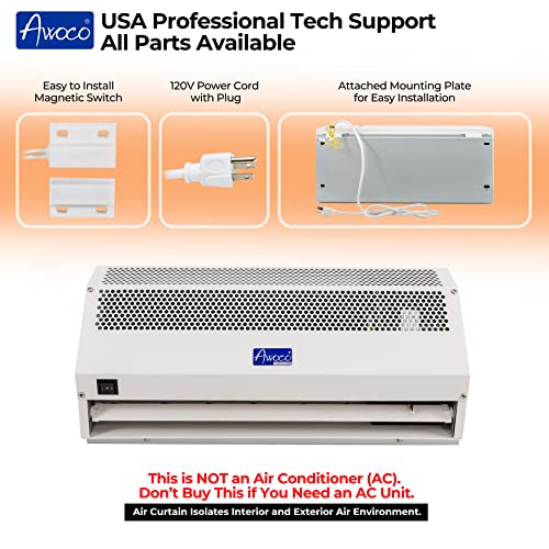 Awoco 24” Super Power 2 Speeds 800 CFM Commercial Indoor Air Curtain, CE Certified, 120V Unheated - Door Switch Included