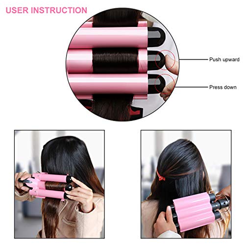 Newlemo 3 Barrel Curling Iron 25mm, 1-Inch Crimper Hair Iron Temperature Adjustable, Hair Crimper Ceramic Tourmaline Fast Heating Curling Wand with Heat Resistant Glove(Pink)