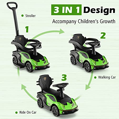 Costzon Push Cars for Toddlers, 3 in 1 Licensed Lamborghini Stroller Sliding Walking Car w/Handle, Armrest Guardrail, Underneath Storage, Horn, Foot-to-Floor Ride On Toy for Boys Girls (Green)