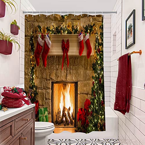 BROSHAN Christmas Shower Curtain Fabric Small, Xmas Season Eve Fireplace Gifts Socks Print Holiday Shower Curtain for Shower Stall, Red Christmas Bathroom Decor Set with Hooks, 60 x 72