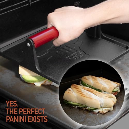 Cast Iron Grill Press - 8 x 4 Inch, 2.6 lb Griddle Press with Cool-Touch Wood Handle - Pre-seasoned for Steak, Burgers, Sandwiches, and Paninis – Non-Stick Grill Weight