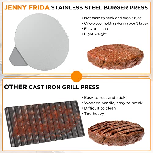 JENNY FRIDA Stainless Steel Burger Press, 5.5 Inch Round Smasher, Non-Stick Smooth Hamburger Press Flat Bottom Without Ridges, Bacon Grill Perfect for Top Griddle Cooking