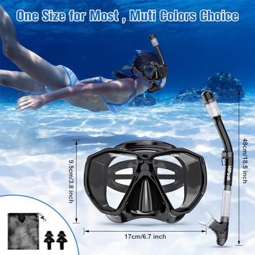 HiiPeak Snorkeling Gear for Adults, Dry Snorkel Set, Panoramic Wide View, Diving Scuba Mask Snorkel mask Set Dry Snorkel Swimming Glasses Nose Cover Youth Diving Goggles Masks Black