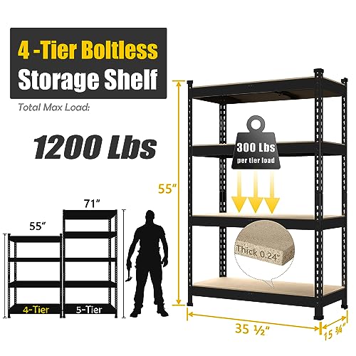 PrimeZone 4 Tier 36" W x 16" D x 55" H Storage Shelves - Adjustable Garage Storage Shelving, Heavy Duty Metal Storage Utility Rack Shelf Unit for Warehouse Pantry Closet Kitchen, Black