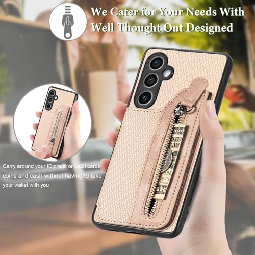 JanCalm S23 FE Case Card Holder,for Galaxy S23 FE Case Wallet Zipper,Camera Protector,Double Magnetic Clasp,Leather Kickstand Card Slots Protective Flip Cover for Samsung S23 FE (2023) (Beige)