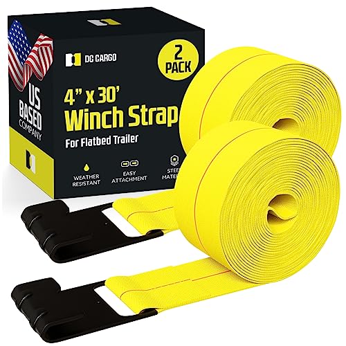 DC Cargo Flatbed Trailer Straps Winch Straps | 4" x30' Tie-Downs w/Flat Hooks (Pack of 2) 5,500LB WLL - Heavy Duty Tie Down Cargo Ratchet Flat Bed Straps for Trucks, Flatbeds, and Trailers