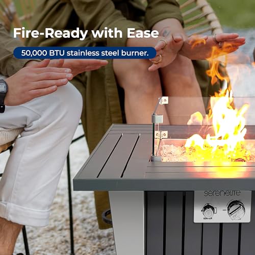 Outdoor Propane Fire Pit Table - CSA/ETL Certified 50,000 BTU Pulse Ignition Weatherproof Square Propane Gas Fire Table w/Adjustable Flame - Glass Wind Guard, Glass Rocks - SereneLife SLNFRE27