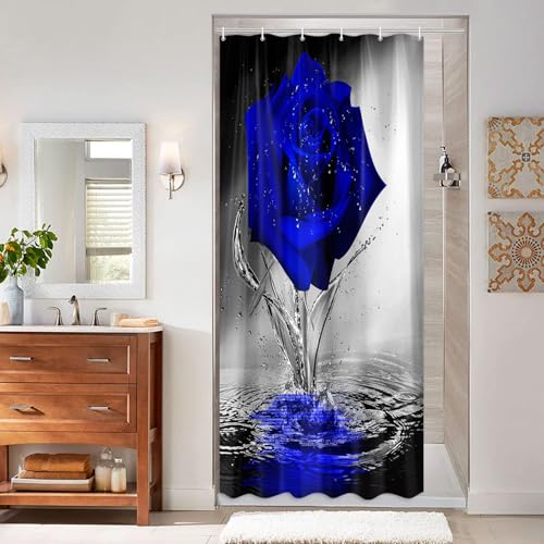 Blue Rose Shower Curtain for Bathroom, Elegant Blooming Floral with Dew Spring Flower Reflection on Water Modern Romantic Valentine's Day Bathroom Decor Shower Curtains Set with 12 Hooks36X72 Inches