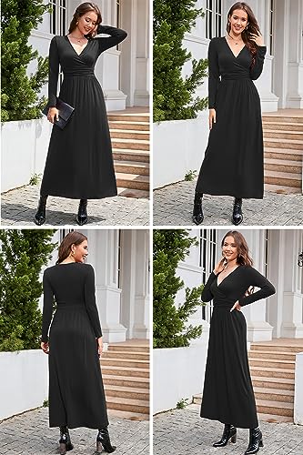 OUGES Womens Fall Long Sleeve V-Neck Wrap Waist Maxi Dress 2023(Orange,M)
