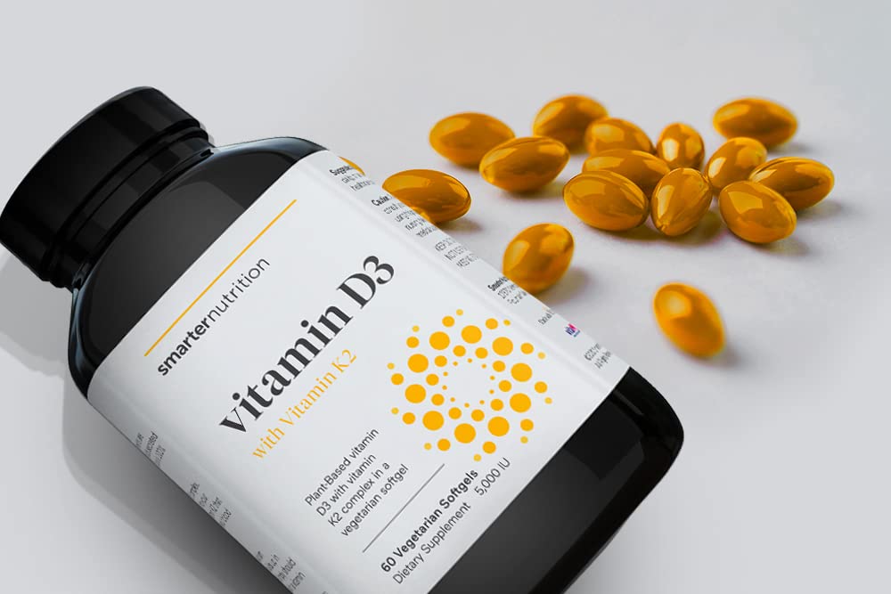 Plant-Based Vitamin D3 Immune Support with Vegan K2 Complex in a Vegetarian Softgel - Includes 5,000 IU of Vitamin D for Immunity Boost, Complete Bone Health & Arterial Protection (1 D3+K2)